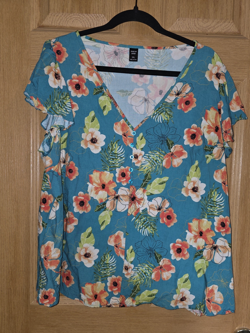 SHEIN Teal Floral V-Neck Button Front Blouse